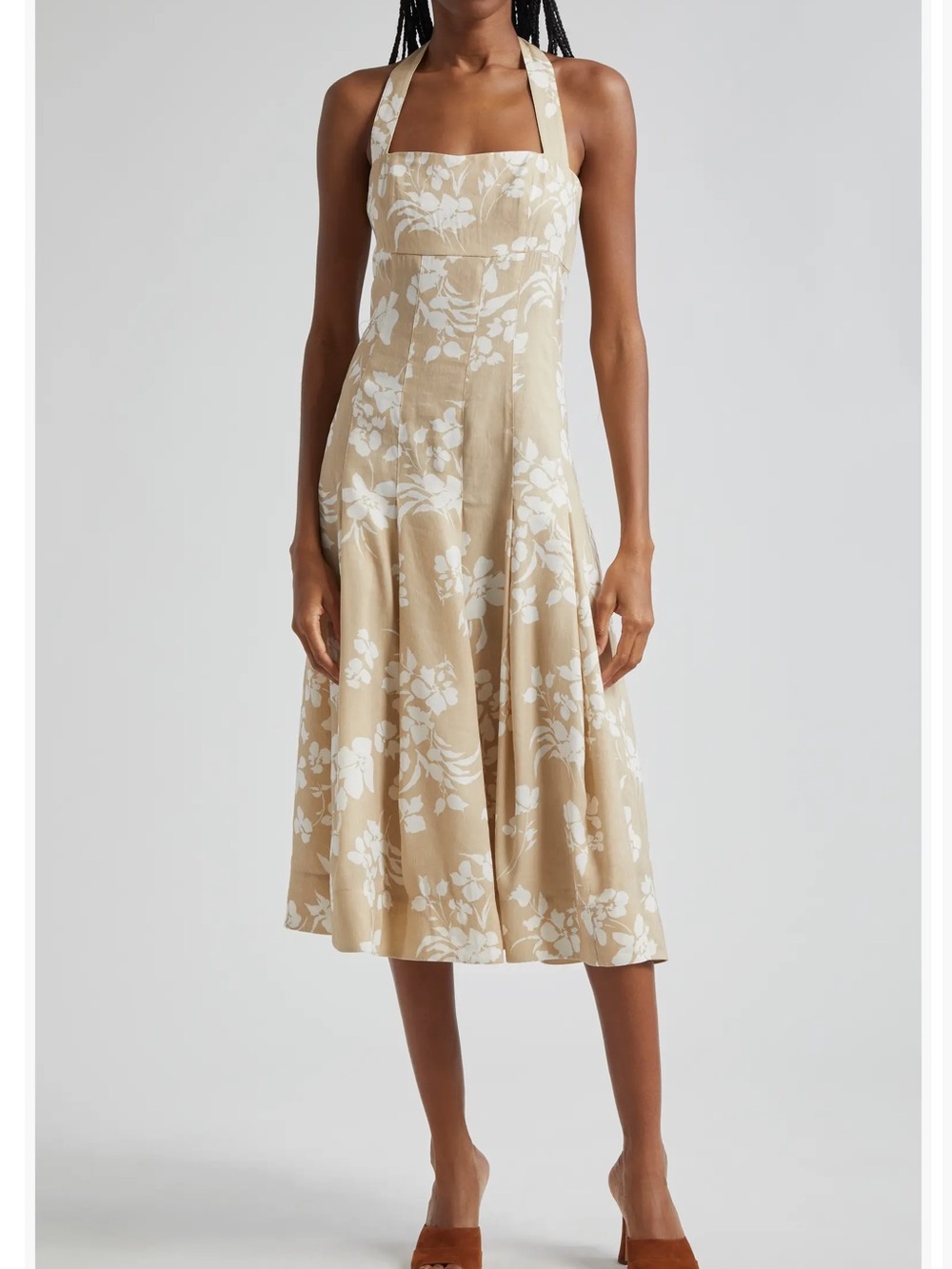 VERONICA BEARD - Amalia Khaki & White Floral Print Halter Dress